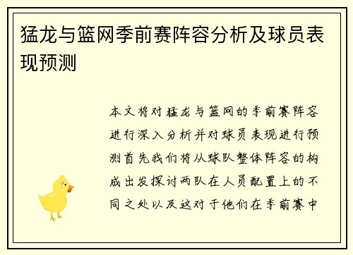 猛龙与篮网季前赛阵容分析及球员表现预测